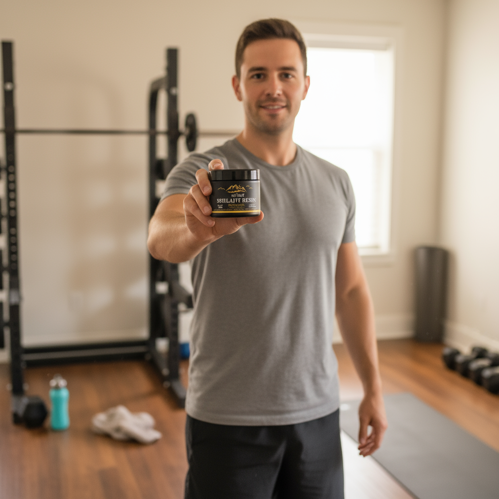 Homem com Shilajit em casa